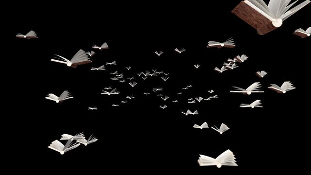 Flying vintage books with flapping pages moving towards the camera lens