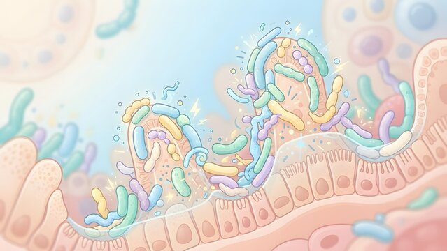 Illustration of colorful gut bacteria and microbiome on intestinal villi