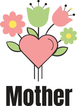 Mothers Day greeting JPG vector illustration featuring a pink heart with cute floral bouquet and bold typography for maternal celebration.
