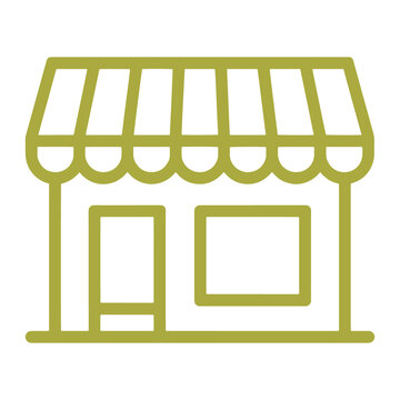 Minimalist olive green store icon with awning and storefront window for retail business and commerce web design