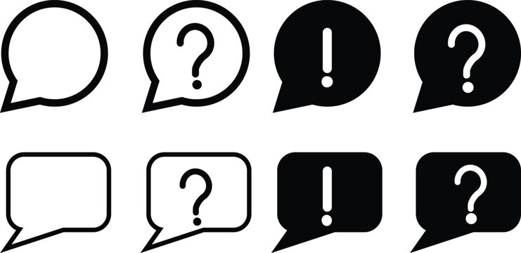 A collection of various speech bubble icons featuring question marks and exclamation points in both solid black and outlined styles for modern graphic