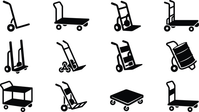 Trolley and dolly icon set with monochrome transport symbols for shipping and logistics