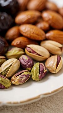 Closeup triptych of glossy medjool dates with almonds and pistachios on a ceramic plate, slow inward dolly and gentle right pan across the pile