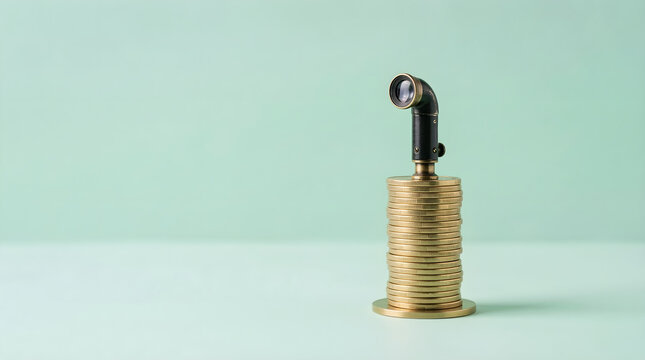 A vintage periscope perched atop a stack of gold coins, symbolizing financial growth and investment opportunities