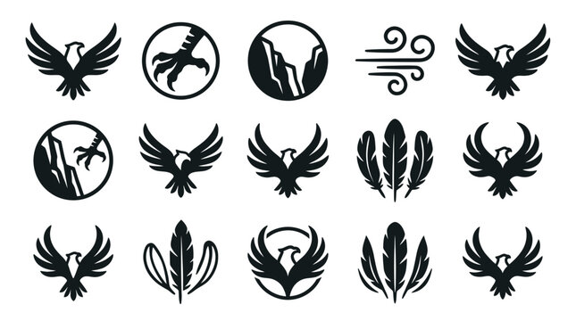 Collection of stylized eagle and feather logos in black and white.