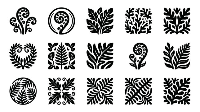 Collection of stylized fern and botanical leaf designs in black and white.