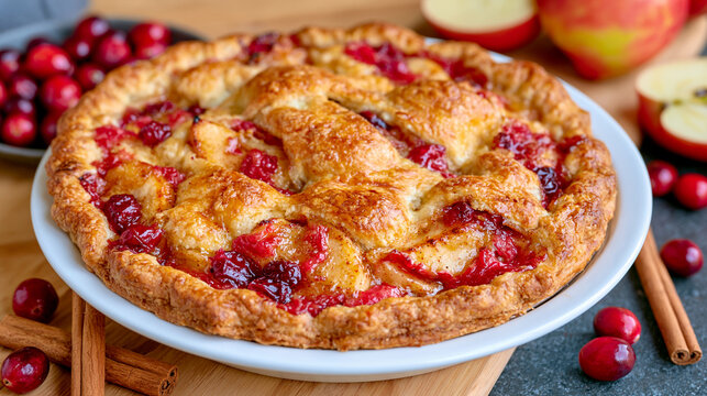 Apple and cranberry pie with a beautifully browned flaky crust and rich fruit filling, cinnamon sticks, whole cranberries and sliced apples arranged casually nearby, warm golden sunlight falling acr