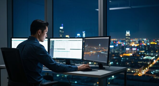 Late-night office worker at a computer by a floor-to-ceiling window overlooking a glowing city skyline