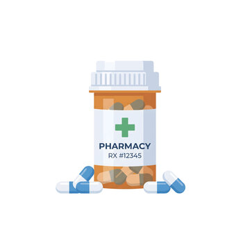 Pharmacy prescription bottle with pills and capsules scattered around.