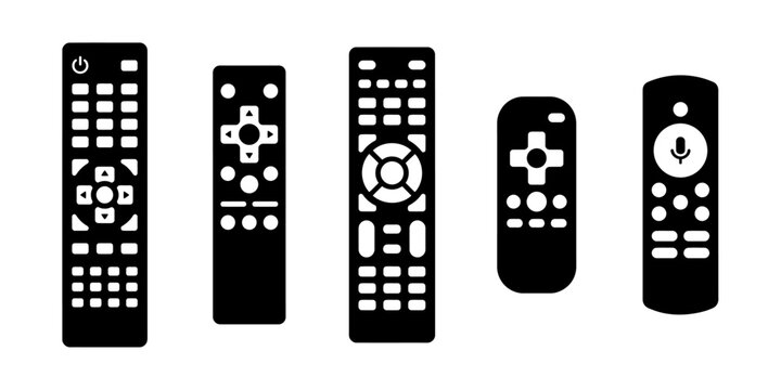 Five different remote controls black and white icons set