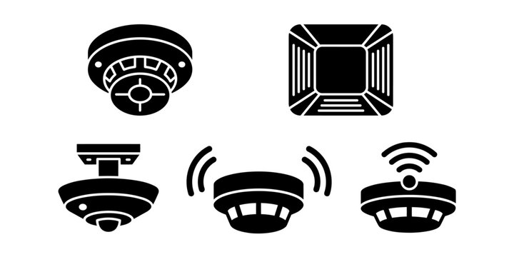 Set of modern smoke and fire alarm icons with wireless signals