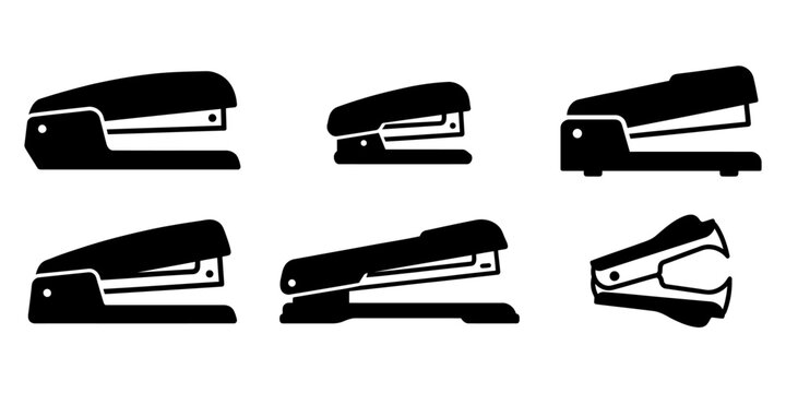 Six different black staplers in a row