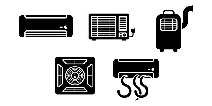Five types of air conditioner units flat icons set