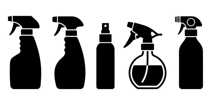 Five black spray bottle icons with different designs