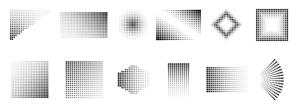 Collection of various halftone shapes and patterns with dots and squares isolated on transparent background