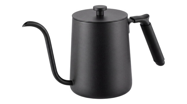 Matte black gooseneck kettle for pour over coffee, professional stainless steel drip coffee pot, minimalist barista brewing equipment isolated PNG with Transparent Background