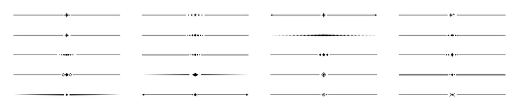 Set of decorative horizontal dividers and text separators for page design, elegant lines with various geometric ornaments isolated on transparent background