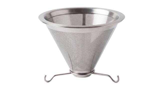 Stainless steel coffee filter, reusable metal cone dripper for pour over brewing, durable mesh coffee strainer tool isolated PNG with Transparent Background
