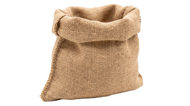 Rustic burlap sack with open top, textured brown hessian bag for storage, empty jute pouch for organic food packaging isolated PNG with Transparent Background