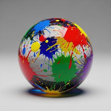 Una esfera de cristal transparente y brillante decorada con salpicaduras de pintura vibrante en varios colores sobre un fondo neutro y limpio, detalle, reflejo, objeto