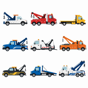 A collection of colorful flat vector illustrations depicting various tow trucks and flatbed vehicles on a white.
