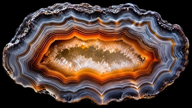 Polished agate geode slice with orange and blue concentric crystal bands on black background