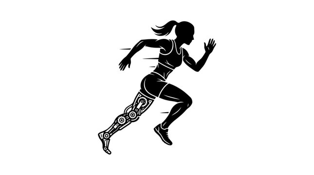 Silhouette illustration of a female runner athlete with a modern prosthetic running blade leg, symbolizing strength, perseverance, adaptive sports, and disability empowerment
