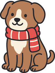 Obraz premium Cute cartoon puppy dog wearing a cozy red striped winter scarf illustration.