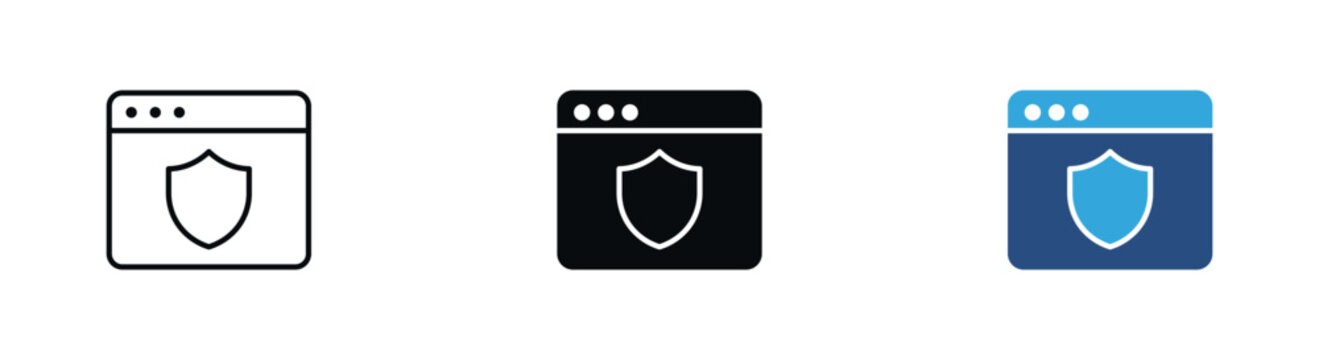 Web Security Icon, Browser Protection, Shield, Cyber Security, Data Privacy, Encryption, Firewall, Safe Browsing Icons, Solid Glyph, Vector Illustration.