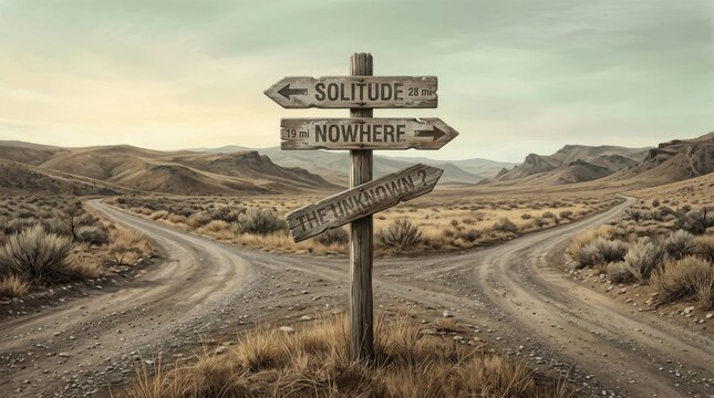 Wooden signpost in desert with directions to solitude and nowhere