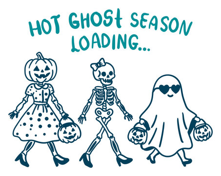 Cute halloween characters with pumpkin head, skeleton, and ghost wearing sunglasses