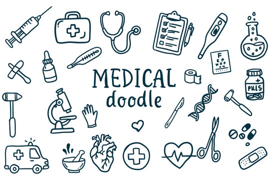 Medical doodle icons, hand drawn healthcare and hospital equipment