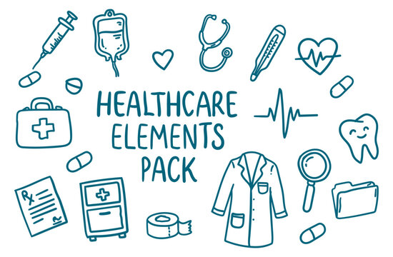 Hand drawn healthcare and medical doodle elements pack