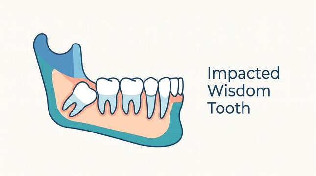 Impacted wisdom tooth in lower jaw bone showing dental alignment issue for oral surgery and orthodontic patient education and clinical dental diagrams