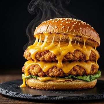 Double crispy chicken cheese burger with melted cheese pull, fast food