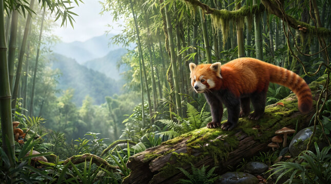 Majestic red panda standing on a mossy log in a lush misty bamboo forest with mountains in the background