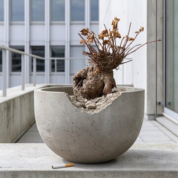 Minimalist scene with dying plant and cigarette.