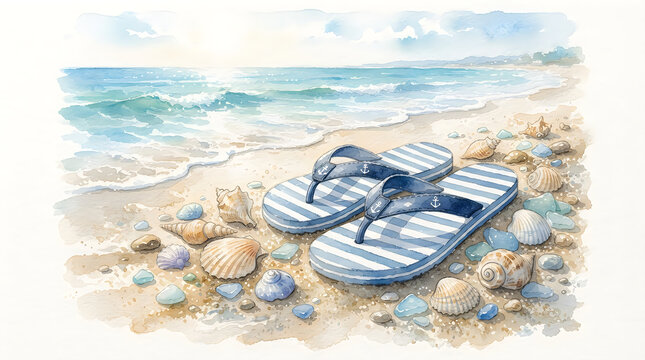 Striped flip flops on a sunny tropical beach illustration