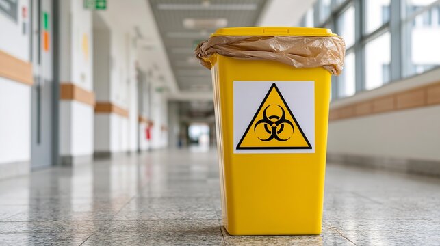 Yellow bin with biohazard symbol stands in hospital hallway