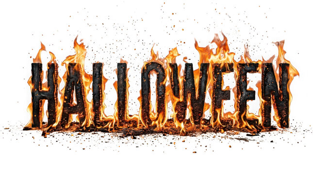 Halloween word made of burning wood letters isolated on transparent background