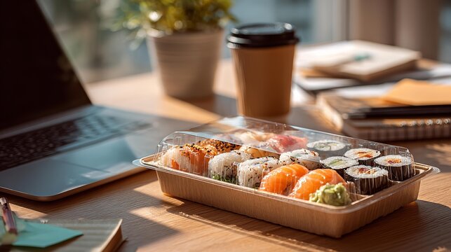 Sushi box rests on wooden desk near window.