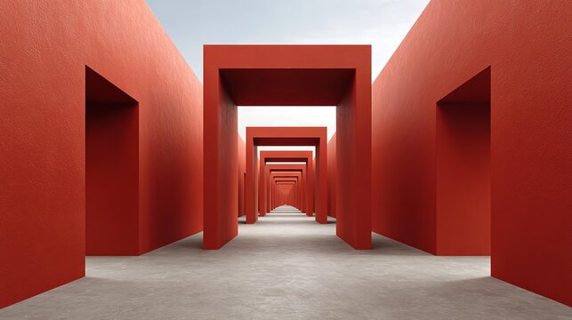 Red walls form endless, symmetrical corridor