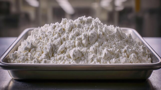 White flour piled high in a metal tray