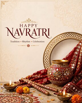 Happy navratri greeting card featuring dandiya sticks, lit lamps and traditional attire