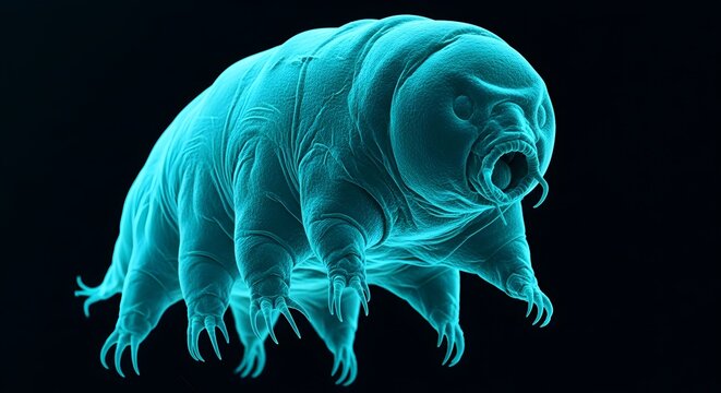 3D Rendered Tardigrade Water Bear Microorganism in Glowing Blue Sci-Fi Style for Scientific and Educational Content
