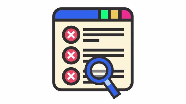 Browser window error checklist with red cross marks and magnifying glass cartoon animation for web page error report symbol and audit failure icon isolated on an alpha channel.