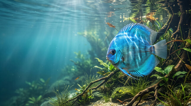 Blue discus fish swimming underwater among aquatic plants and sun rays