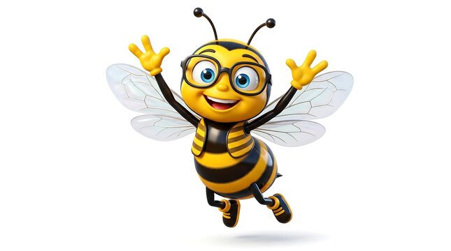 Cute cartoon honey bee character wearing glasses, happy flying bumblebee mascot, friendly yellow insect with wings on white background