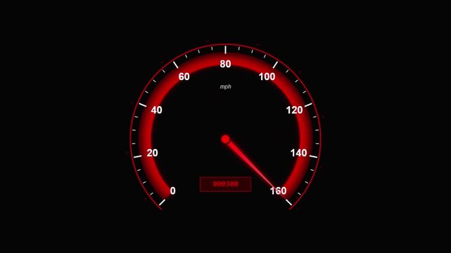 Digital Red Speedometer Gauge Indicating High Speed Velocity on a Black Background