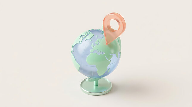 Transparent glass world globe with rose gold location pin representing global travel spots.